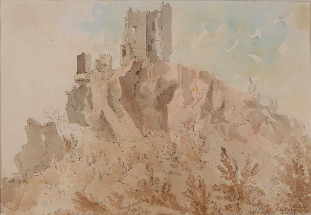 Appraisal: THOMAS HEARNE - Hilltop with ruined tower pencil and watercolour