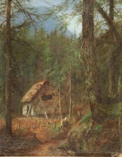 Appraisal: WOODWARD Laura Oil on Board Cottage in Woods Signed and