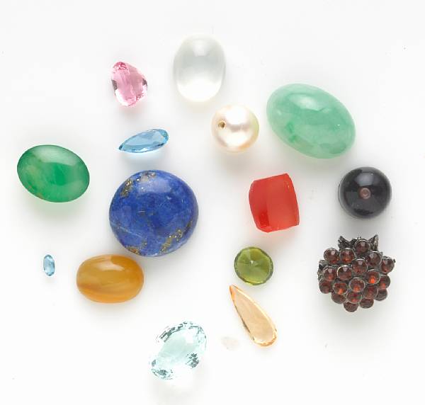 Appraisal: A collection of unmounted gemstones including aquamarine topaz tourmaline cultured