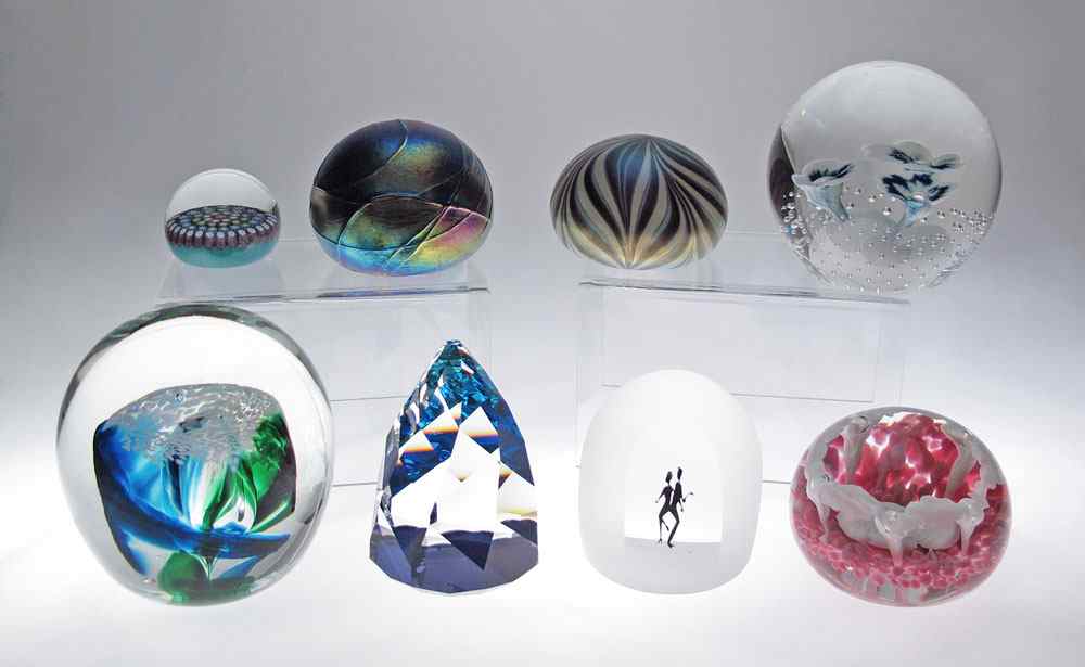 Appraisal: ASSORTED PAPERWEIGHTS Collection to include signed color changing faceted cone