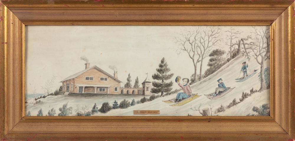 Appraisal: FOLK ART WATERCOLOR OF A SLEDDING SCENE DATED ON PAPER