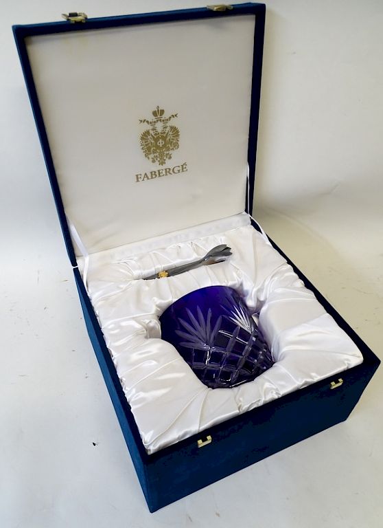 Appraisal: Faberge Crystal Ice Bucket With Tong In Box Faberge Crystal