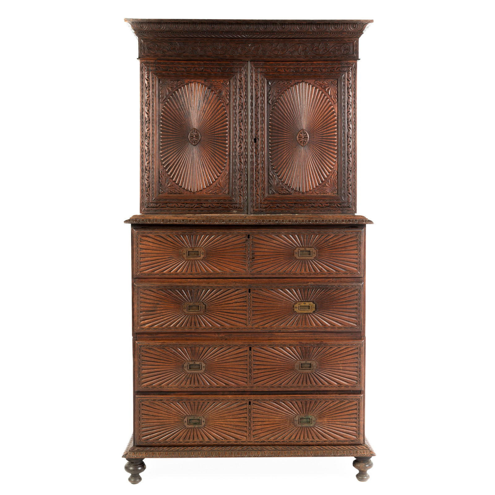 Appraisal: ANGLO- INDIAN GENTLEMAN'S CUPBOARD Elaborately carved three piece rosewood cabinet