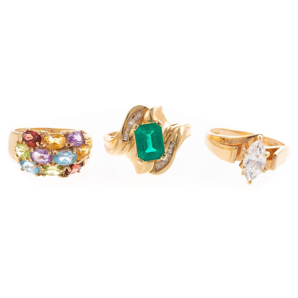 Appraisal: A Trio of Ladies Gemstone Rings in K Gold K