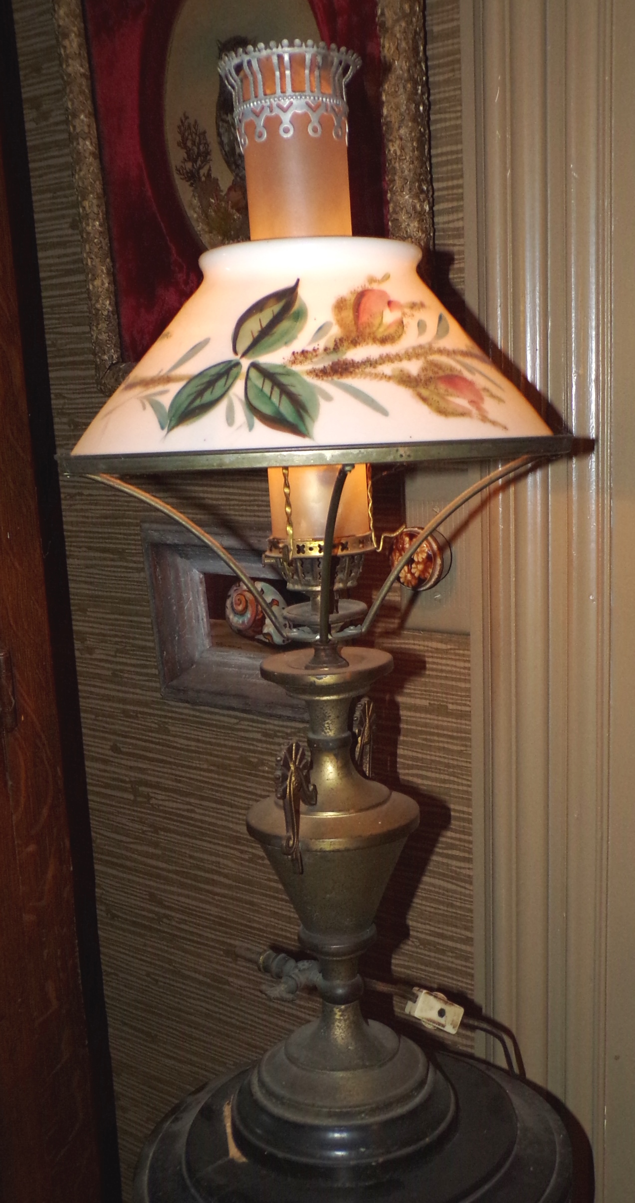 Appraisal: Brass oil lamp with white dome shade painted with a