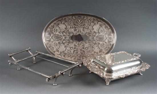 Appraisal: Silver-plated gallery tray covered entree dish and a casserole dish