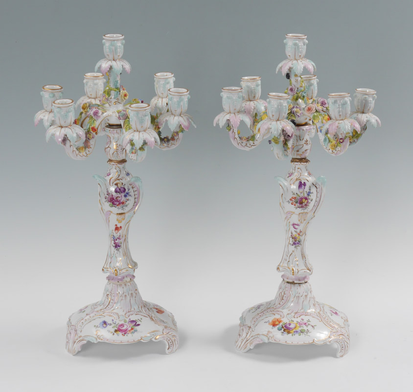 Appraisal: PAIR CARL THIEME FLORAL PORCELAIN CANDLESTICKS Matched pair arms plus