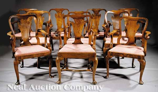 Appraisal: A Set of Ten Antique Queen Anne-Style Carved Walnut Armchairs