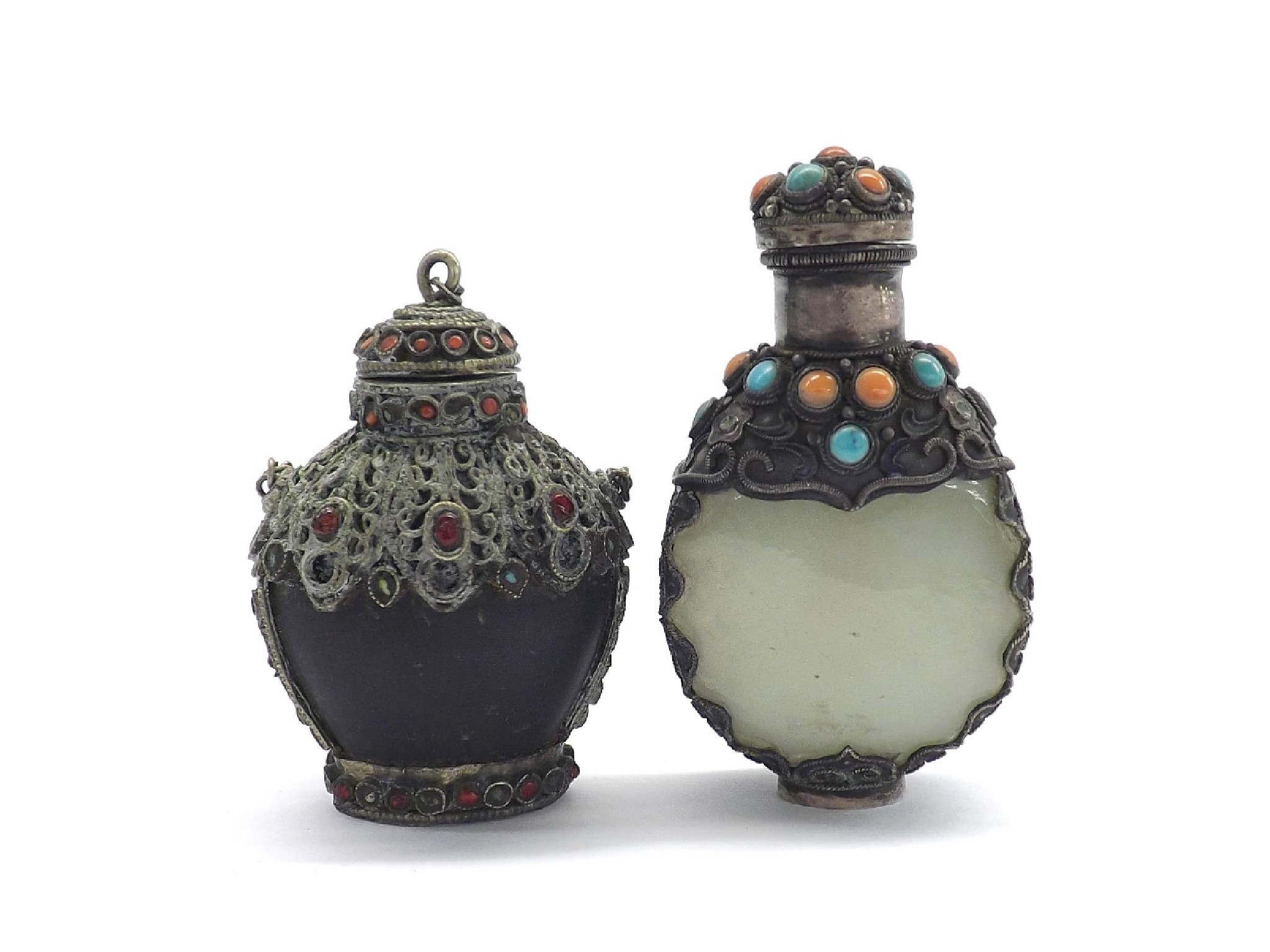 Appraisal: Two filigree and jewelled sheathed stone snuff bottles