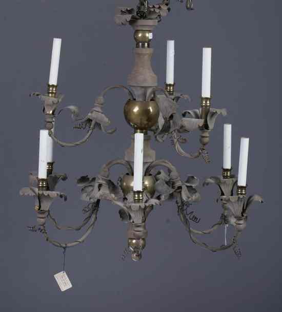 Appraisal: CONTINENTAL STYLE T LE AND BRASS NINE-LIGHT TWO-TIER CHANDELIER -