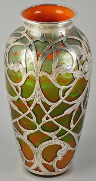 Appraisal: Large Magnificent Silver Overlay Art Glass Vase Description Hand blown