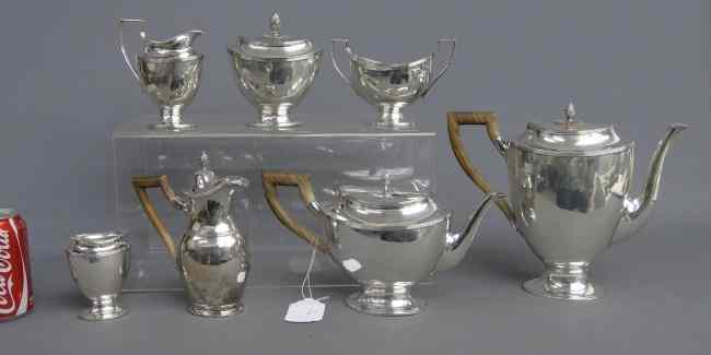 Appraisal: Silver hallmarked pc tea set including teapots with wooden handles