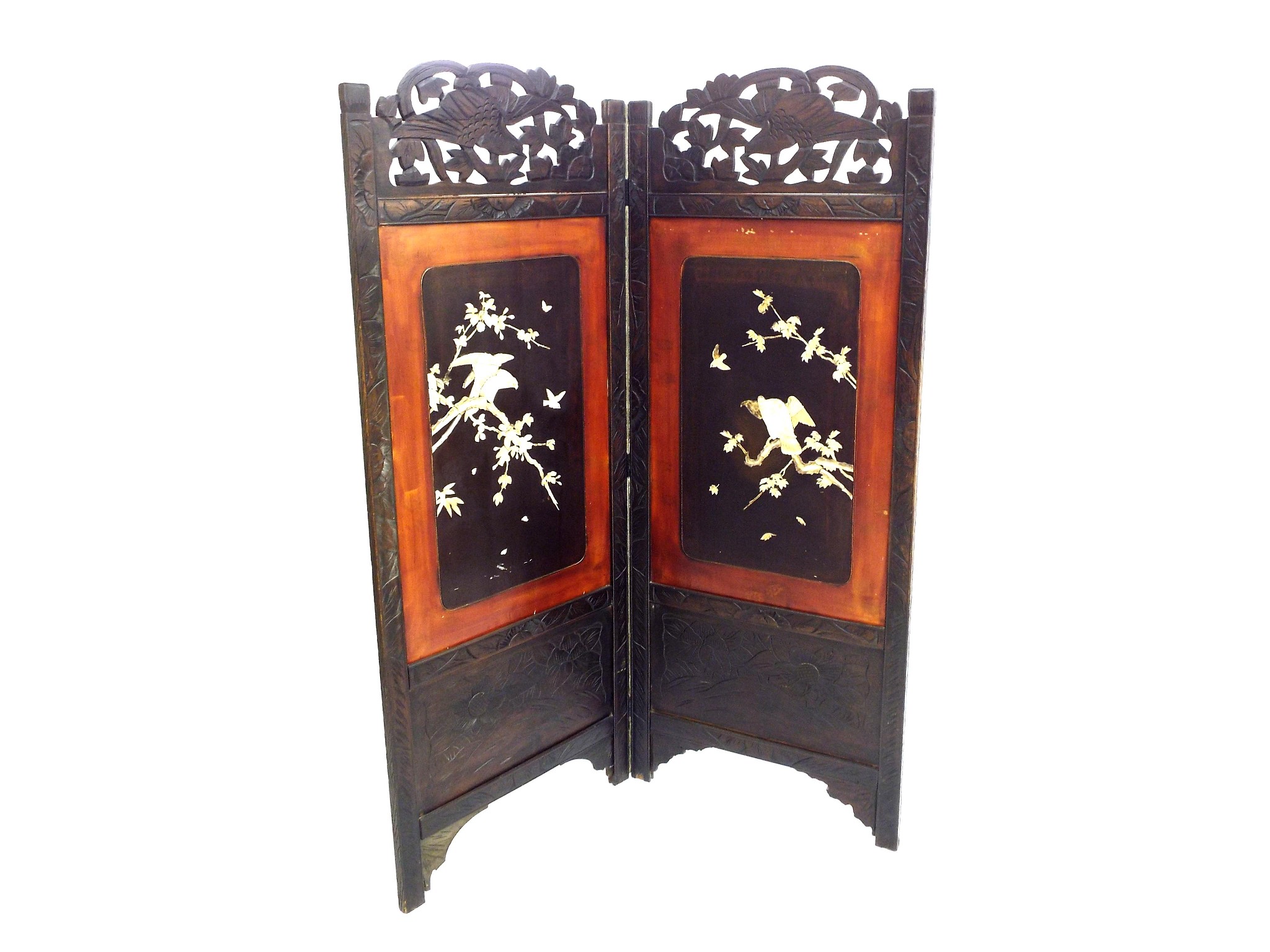 Appraisal: Oriental carved hardwoodod two-fold screen decorated in relief with ivory