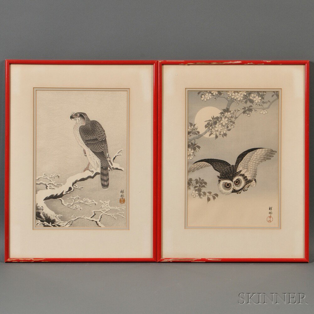 Appraisal: Two Woodblock Prints Japan Shoson - an eagle perched on