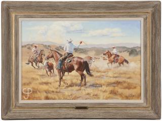 Appraisal: Lorna Dillon ''Catching the Loco One'' cowboys roping calves signed