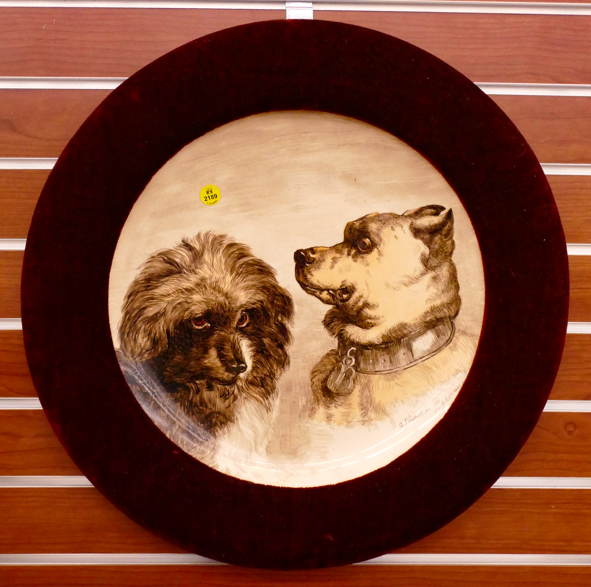 Appraisal: Antique T T Company Painted Dogs Charger in Velvet Frame-