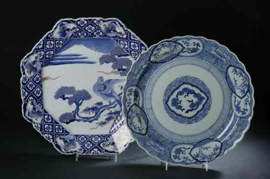 Appraisal: TWO JAPANESE BLUE AND WHITE PORCELAIN CHARGERS Meiji period Bird