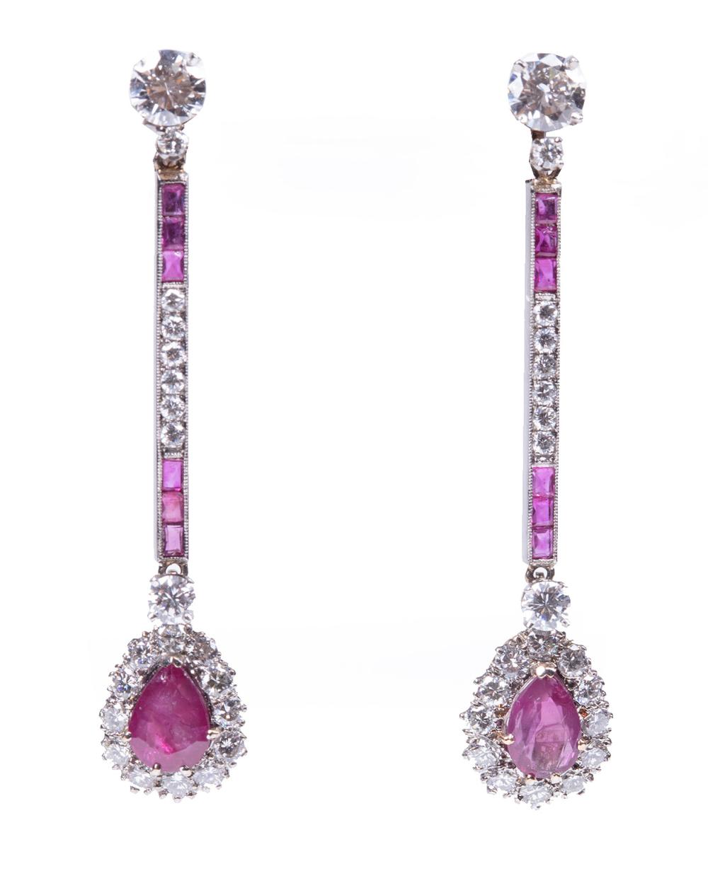 Appraisal: PAIR OF KT WHITE GOLD DIAMOND AND RUBY DROP EARRINGSPair