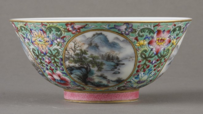 Appraisal: Chinese bowl features four landscape scene on exterior interior features