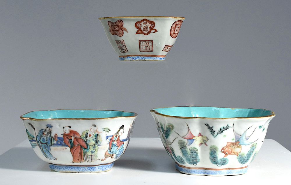 Appraisal: Three th C Chinese enamel decorated bowls Three th C