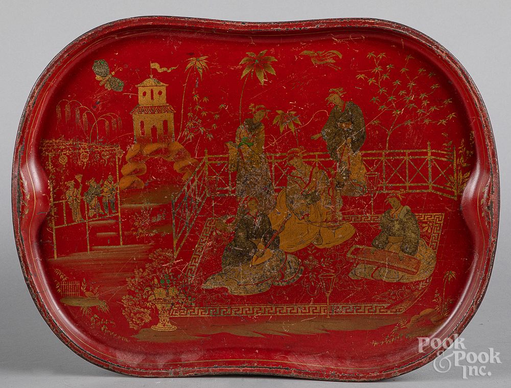 Appraisal: Two red toleware trays th c Two red toleware trays