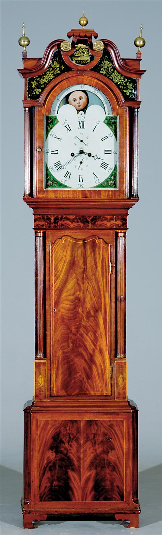 Appraisal: Georgian mahogany tall case clock circa broken-arch bonnet and eglomise