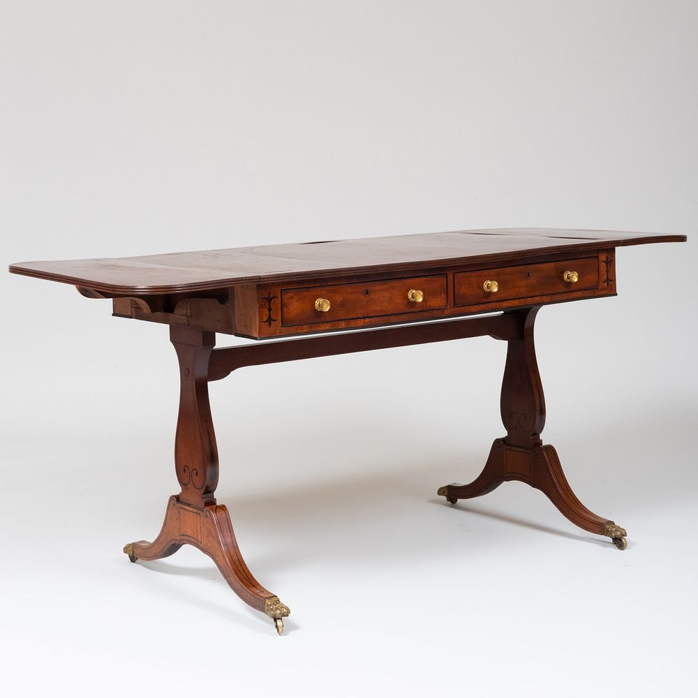 Appraisal: Regency Ebony Inlaid Mahogany Sofa Table Fitted with two drawers