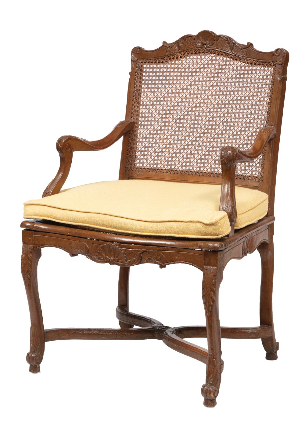 Appraisal: Louis XV Carved Walnut Fauteuil th c serpentine shell-carved crest