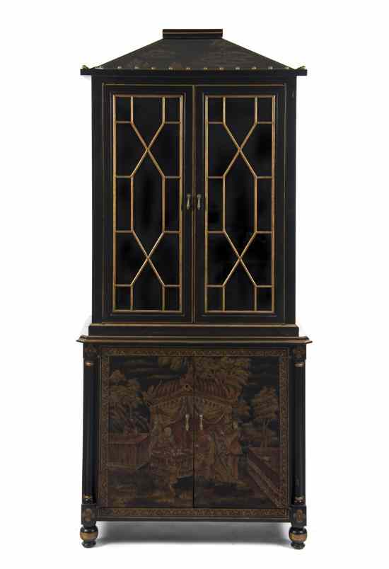 Appraisal: A Continental Gilt and Lacquered Display Cabinet in two parts