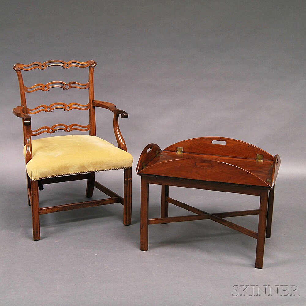 Appraisal: Chippendale Mahogany Ribbon-back Armchair and Butler's Tray Table th th