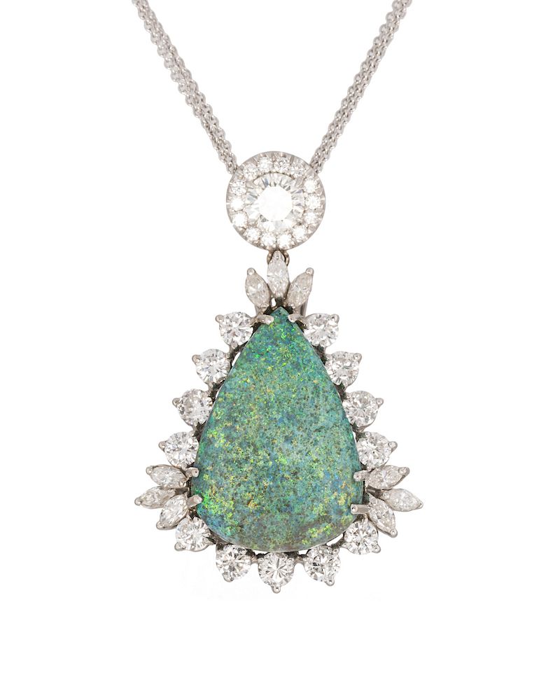 Appraisal: A K WHITE GOLD OPAL DIAMOND PLATINUM PENDANT NECKLACE A