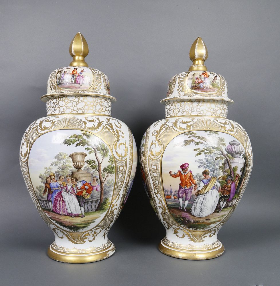 Appraisal: Pair of Meissen Agustus Rex Covered Palace Jars nd half