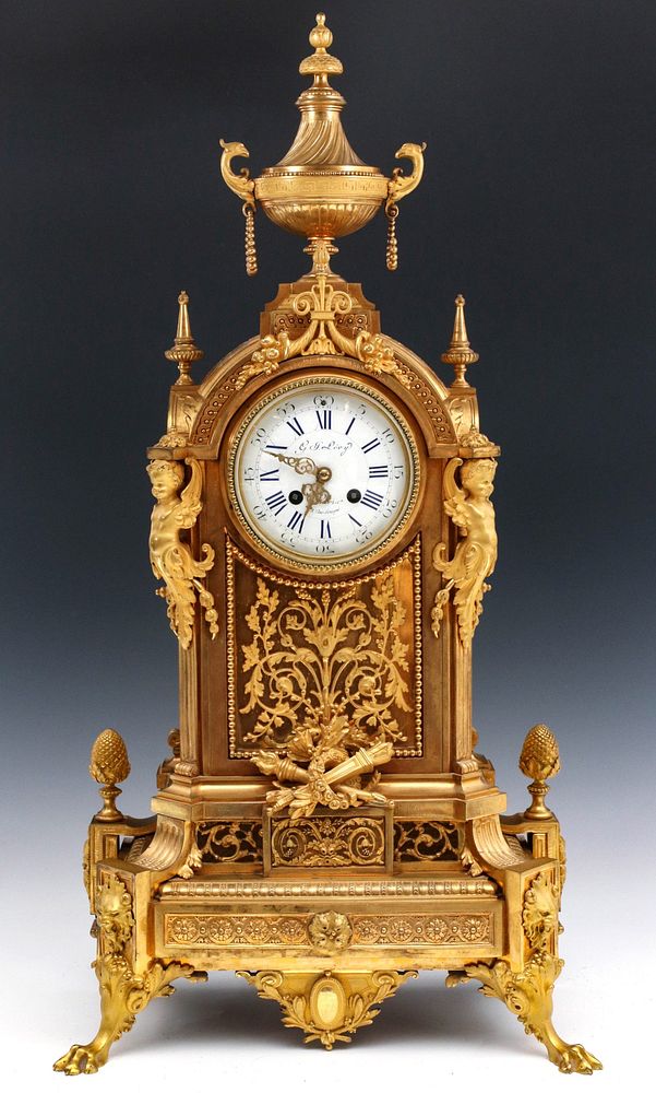 Appraisal: A LARGE GUSTAVE LEVY FRENCH EMPIRE GILDED BRONZE CLOCK The