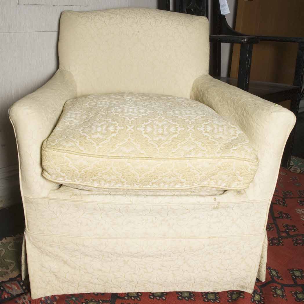 Appraisal: Upholstered Sofa Together with an Upholstered Armchair Length of sofa