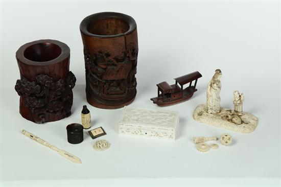 Appraisal: GROUP OF CARVED ITEMS AND TWO BRUSH POTS Asian mostly