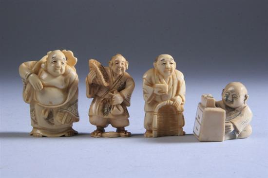 Appraisal: FOUR JAPANESE IVORY NETSUKE th century Carved to depict various