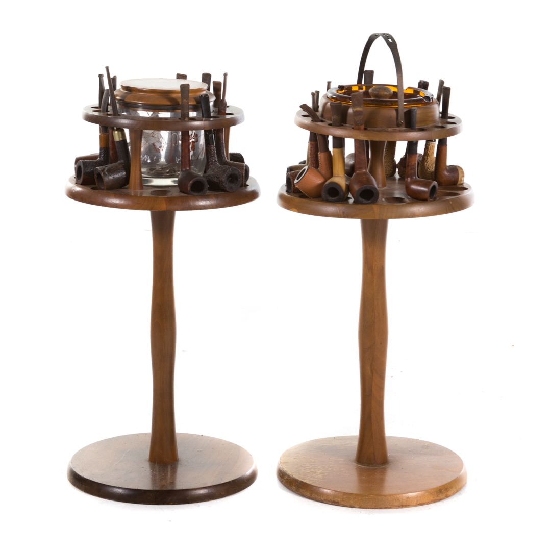 Appraisal: Two wood pipe stands with pipes circular stand with tobacco