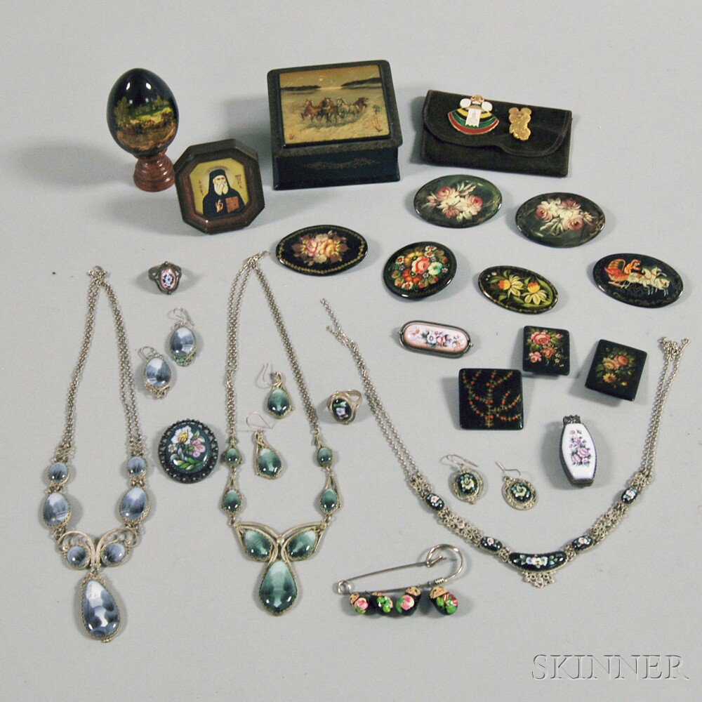 Appraisal: Assorted Group of Russian Lacquer and Painted Porcelain Jewelry including