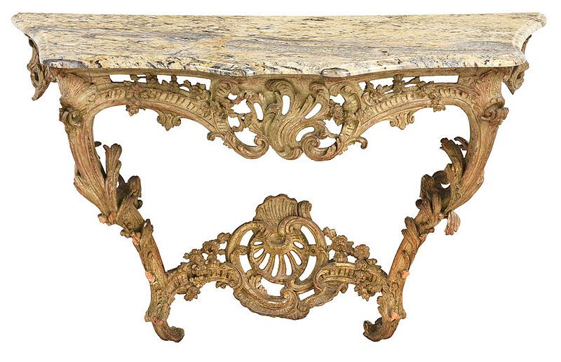 Appraisal: Louis XV Carved Paint Decorated Marble Top Console French late