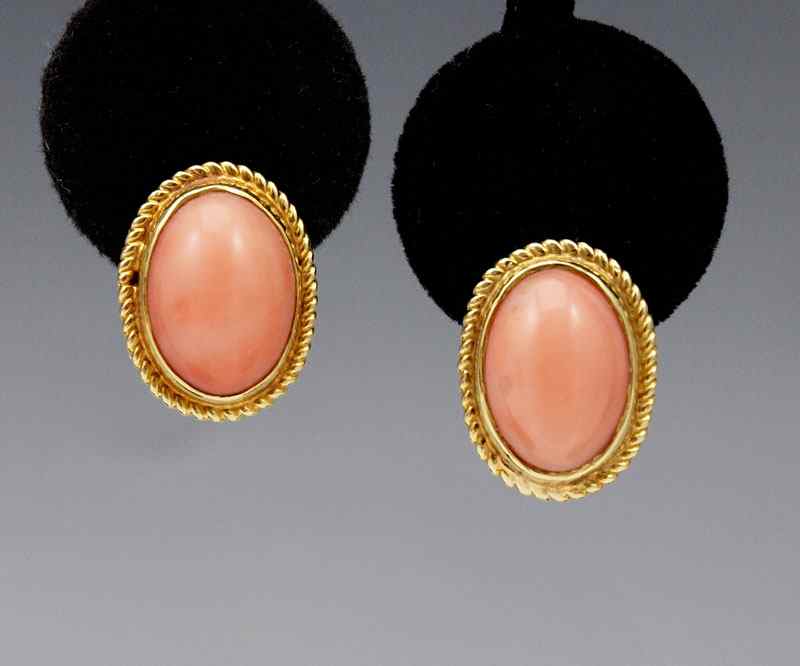 Appraisal: ITALIAN HAND CRAFTED K CORAL EARRINGS K yellow gold earrings