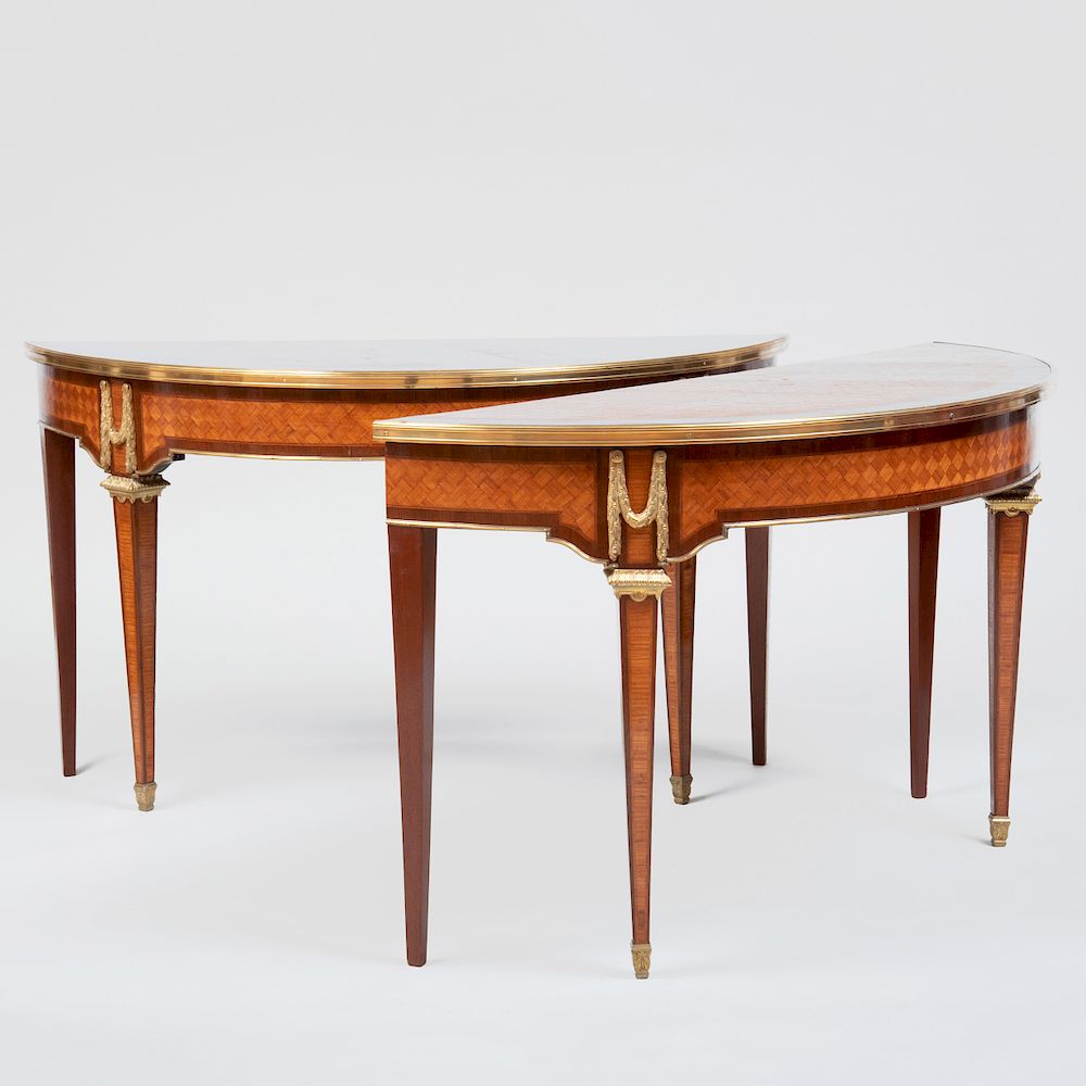 Appraisal: Pair of Louis XVI Style Gilt-Bronze-Mounted Tulipwood Parquetry D-Shaped Consoles