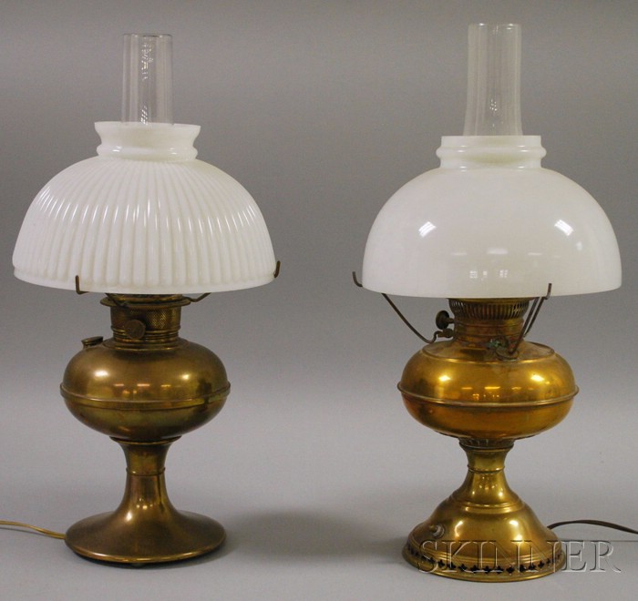 Appraisal: Two Brass Kerosene Table Lamps with Milk Glass Dome Shades