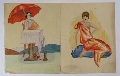 Appraisal: Six gouache on card fashion designs by Dodo Burgner a