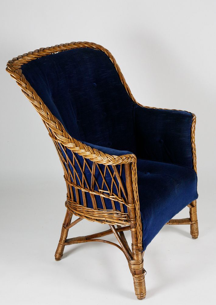 Appraisal: Blue Upholstered Natural Wicker Armchair Blue Upholstered Natural Wicker Armchair