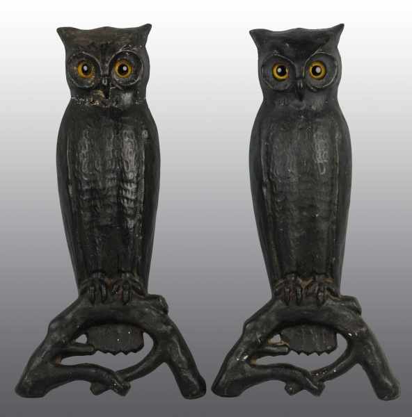 Appraisal: Pair of Cast Iron Owl Andirons with Glass Eyes Description