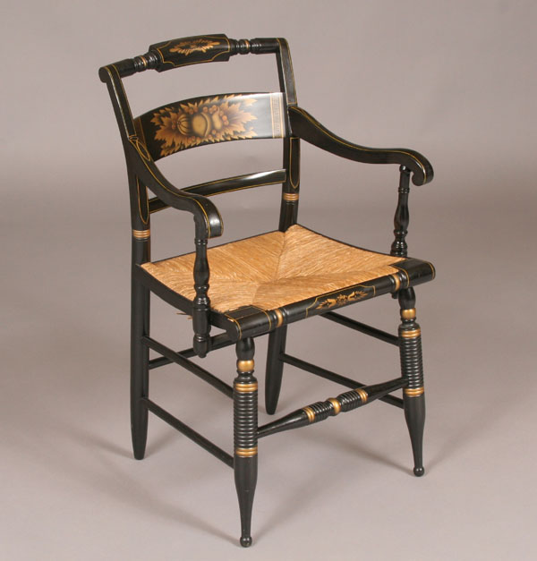 Appraisal: Hitchcock arm chair rush seat gilt and stencil decoration Signed