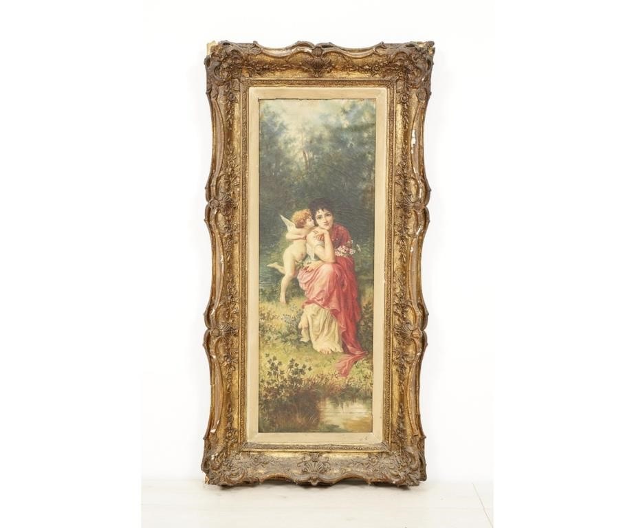 Appraisal: Victorian oil on canvas of a cherub and maiden holding