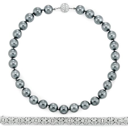 Appraisal: Faux Gray Pearl Choker and Ciner Art Deco Style Rhinestone