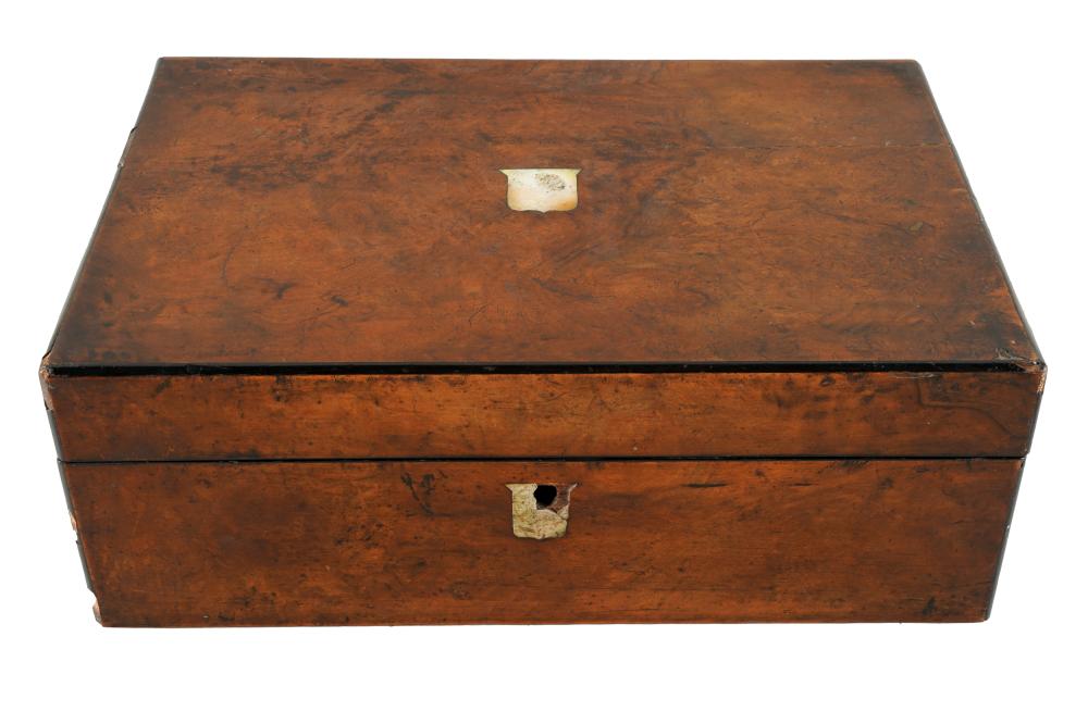 Appraisal: BURL WRITING BOXthe hinged lid inset with a mother-of-pearl shield