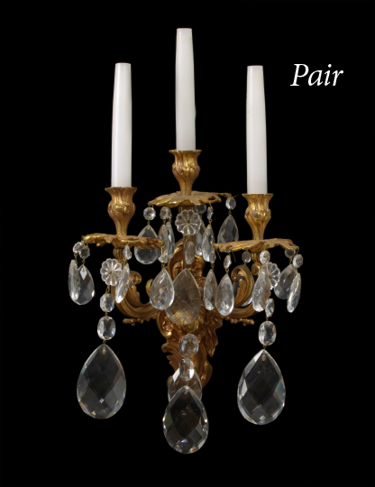 Appraisal: Large Pair of French Gilt-Bronze and Cut Glass Three-Light Appliques